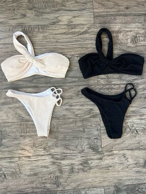 Textured One-Shoulder Bikini Set - Black and Cream Bundle!